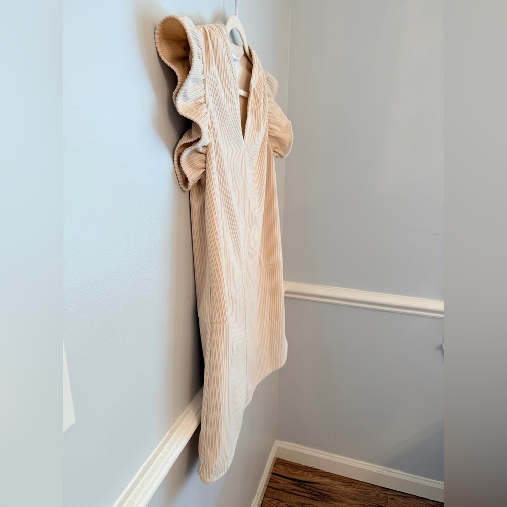 THML Cream V-Neck Shift Dress with Ruffle Sleeves Size Small - Picture 4 of 10